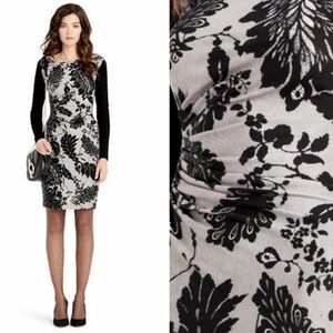 Diane Von Furstenberg Faux Lace Knit Ruched Sheath 100% Silk Dress Black Tan 4